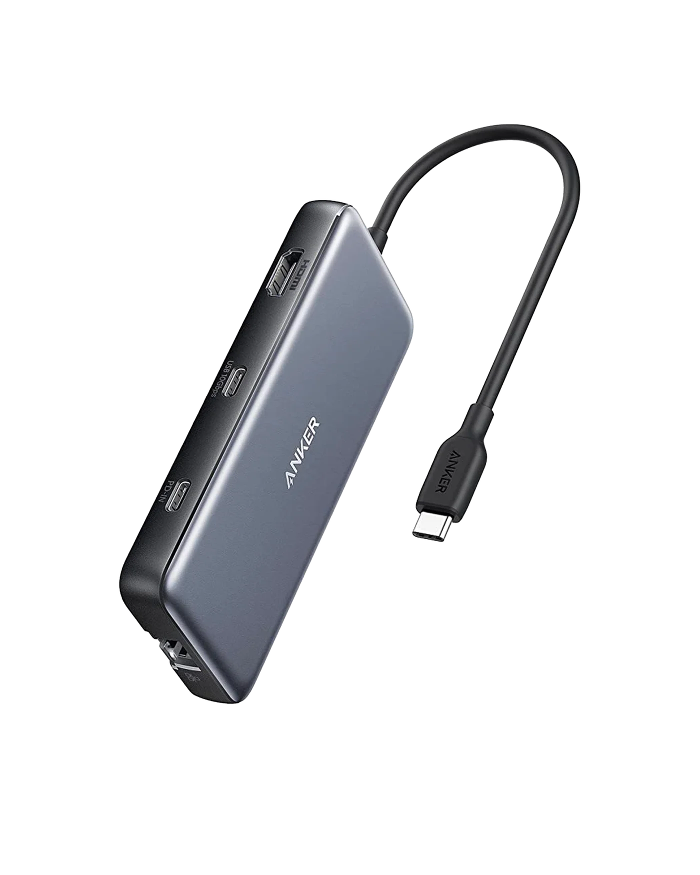 Anker 555 A8383 gray USB-C hub with its attached cable on a light background