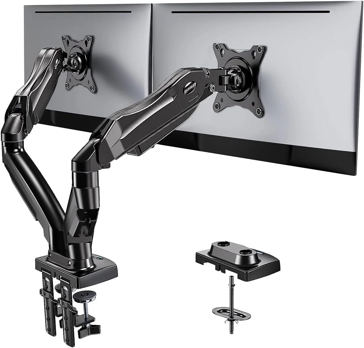 HUANUO HNDS6 black dual monitor arm shown supporting two displays from the rear, with clamp and grommet hardware