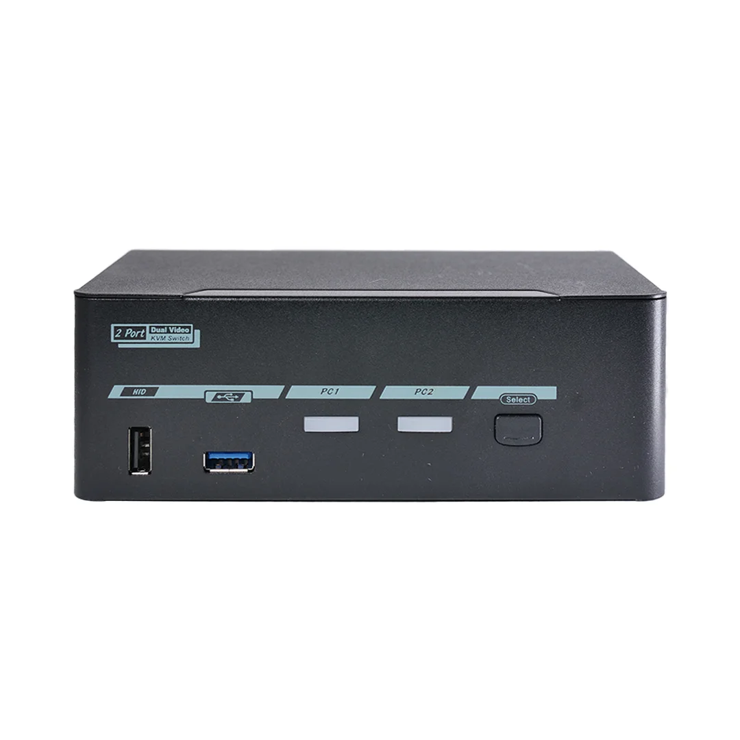 Level1Techs DisplayPort 1.4 dual-monitor two-computer KVM, showing its black front panel and USB ports