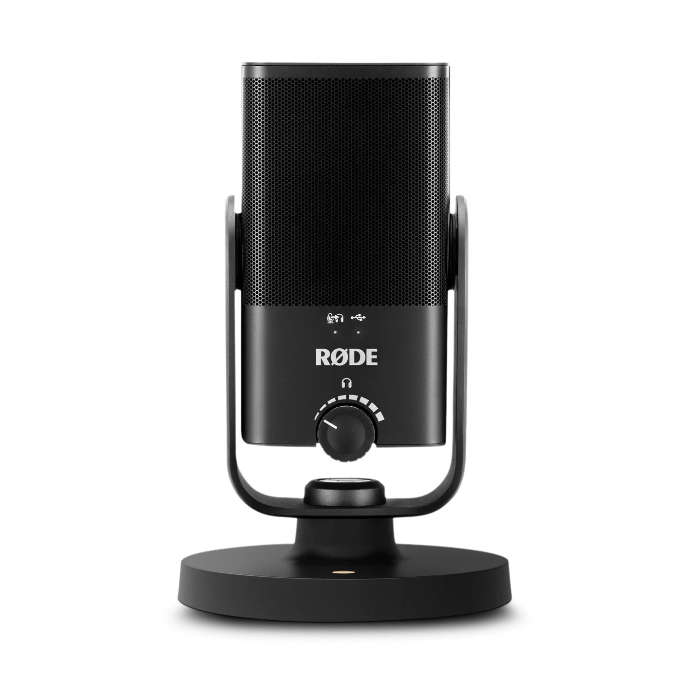 RØDE NT-USB Mini black compact USB microphone, front view on its circular desktop stand